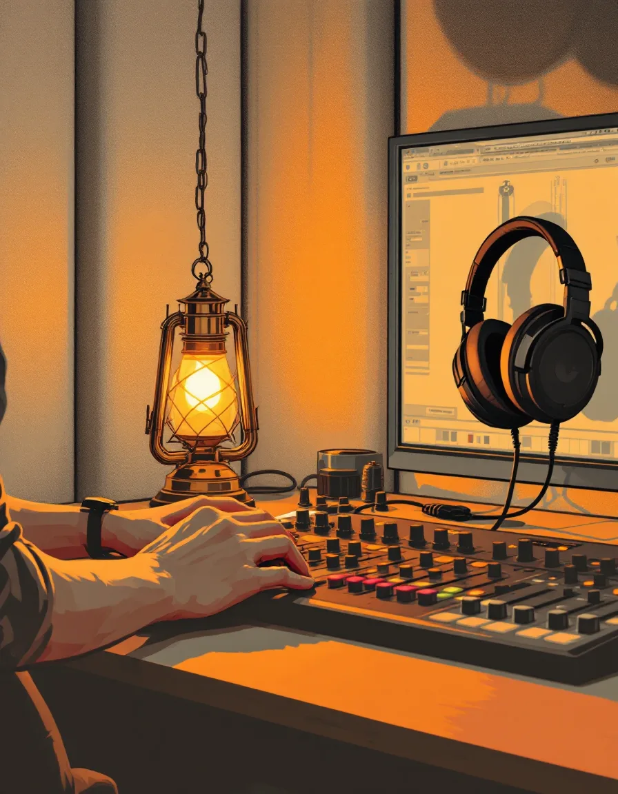 Screenprint-style illustration of a producer’s hand on a mixing fader next to a glowing desk lantern with a zipper pull hanging from its chain