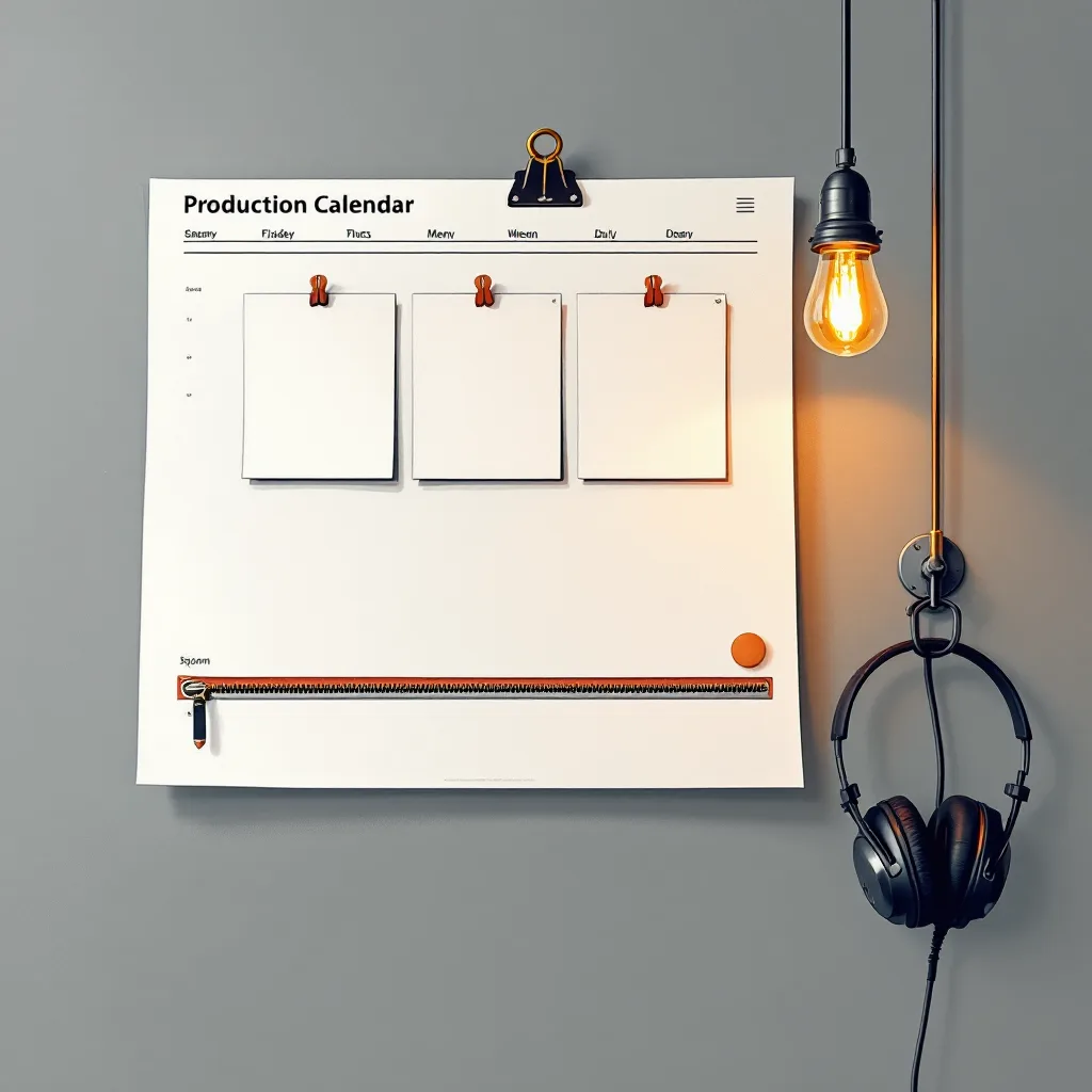 Screenprint-style illustration of a wall calendar with four episode cards pinned in a row, a small lantern lamp lighting one, and a zipper running along the bottom like a timeline